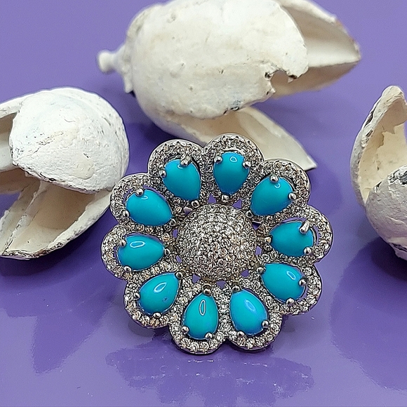 Natural Turquoise 6x4mm & Cz 925 Sterling Silver Ring Size 6.5 - Picture 7 of 11